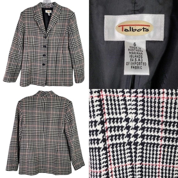 Talbots Blazer Jacket Womens Size 6 Glen plaid Tweed Black White Button Wool - Picture 1 of 8